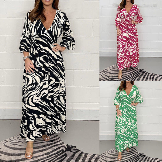 💖Sukienka z 7 rękawami z nadrukiem zebry i dekoltem w serek