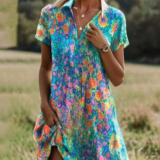 🥰Specjalne oferty noworoczne🥰Stylowa, damska, swobodna, wzorzysta sukienka z dekoltem w serek