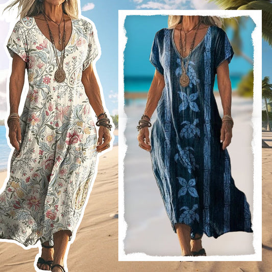 Elegancka, luźna sukienka damska z dekoltem w serek i nadrukiem